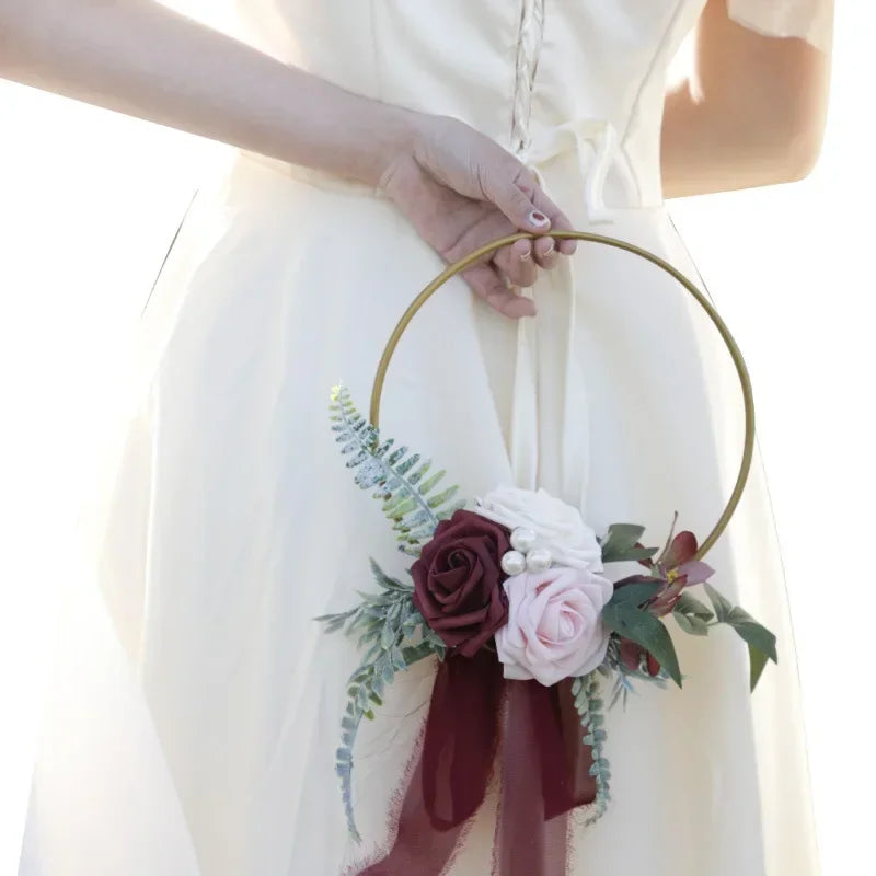 Bridesmaid Gold Hoop Bouquet for Wedding Bridal Shower Ceremony Artificial Rose Flower Hoop Wreath Front Door Wall Decoration Oasis Select