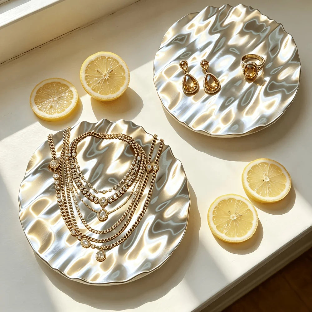 Wavy Silvery Jewelry Display Tray, Irregular Ripple Texture Trinket Plate for Earrings, Rings, Photography Prop Vanity Decor Oasis Select