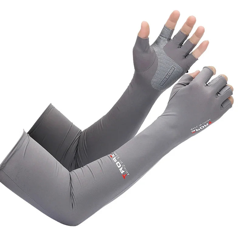 1Pair Sport Arm Sleeves Cycling Running Fishing Climbing Arm Cover Sun UV Protection Ice Cool Sleeves 5 Finger Cuff Oasis Select grey half as picture