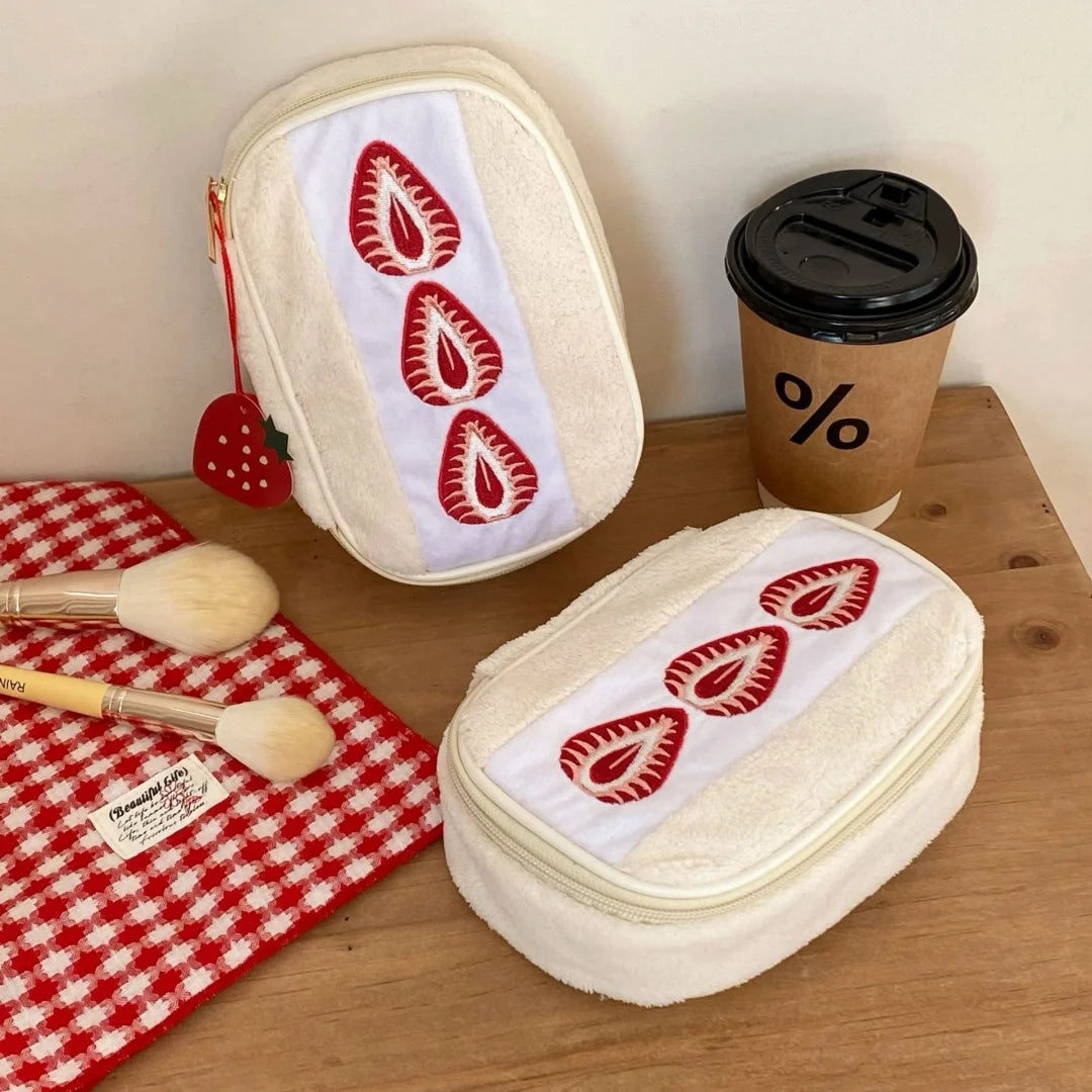 Cute Embroidered Strawberry Pencil Case Portable Stationery Pen Box Multi Functional Large Capacity Makeup Bag Storage Bag Oasis Select
