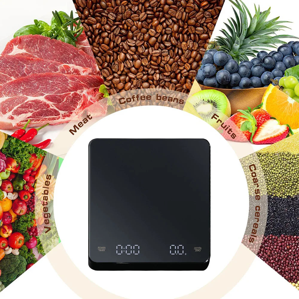 Digital Rechargeable Coffee Scale with Timer LED Screen Espresso USB 0.1g to 3kg High Accuracy Measuring Kitchen Scale Oasis Select
