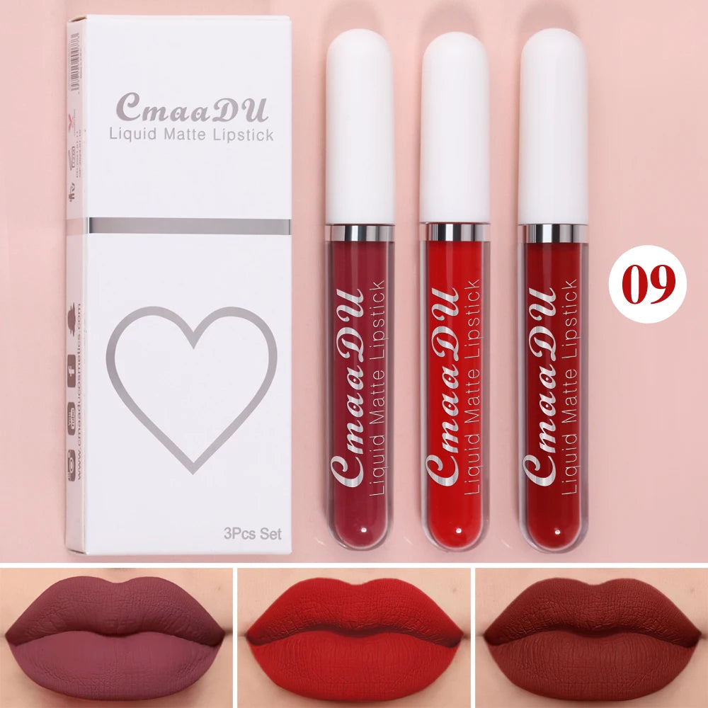 3 Pcs Matte Lipstick Lip Gloss Sets Long-Lasting Non-Fading Waterproof Non-stick Cup Exquisite Gift Everyday Holiday Universal Oasis Select 09