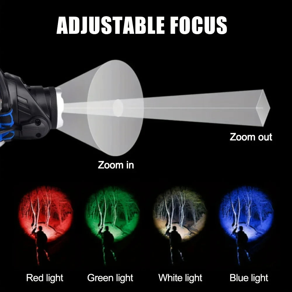 Powerful 4 In 1 LED Headlamp Red/Green/White/Blue Light Rechargeable Zoomable Headlight Head Flashlight with Adjustable Beam Oasis Select