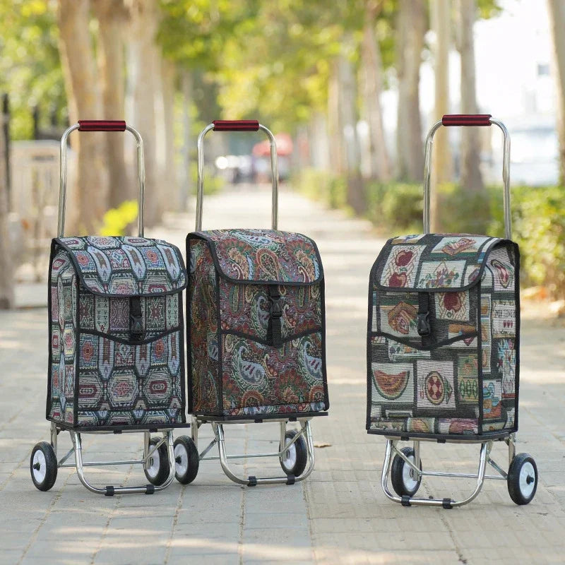 Household Goods Shopping Cart Folding Supermarket Vegetable Market Shopping Cart Oxford Stainless Steel Frame Pull Rod Truck Oasis Select