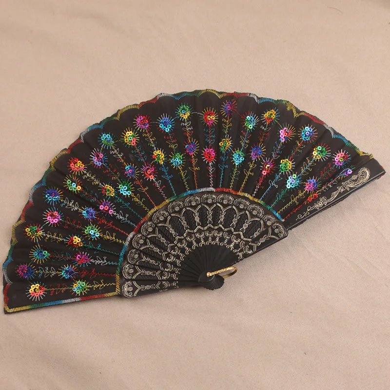 Silk Fan Folding Fan Wedding Art Gifts Peacock Sequin Dancing Fan Hand Held Fan Home decoration Oasis Select B