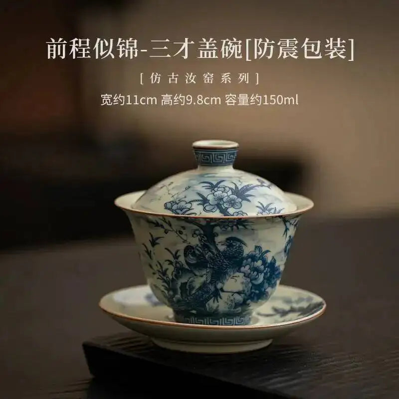 Antique Ru Kiln Series Ceramic Three-talent Covered Bowl with Cicada Wing Crackle Glaze and Gold Wire, Chinese Style Tea Bowl Oasis Select Shockproof Packaging
