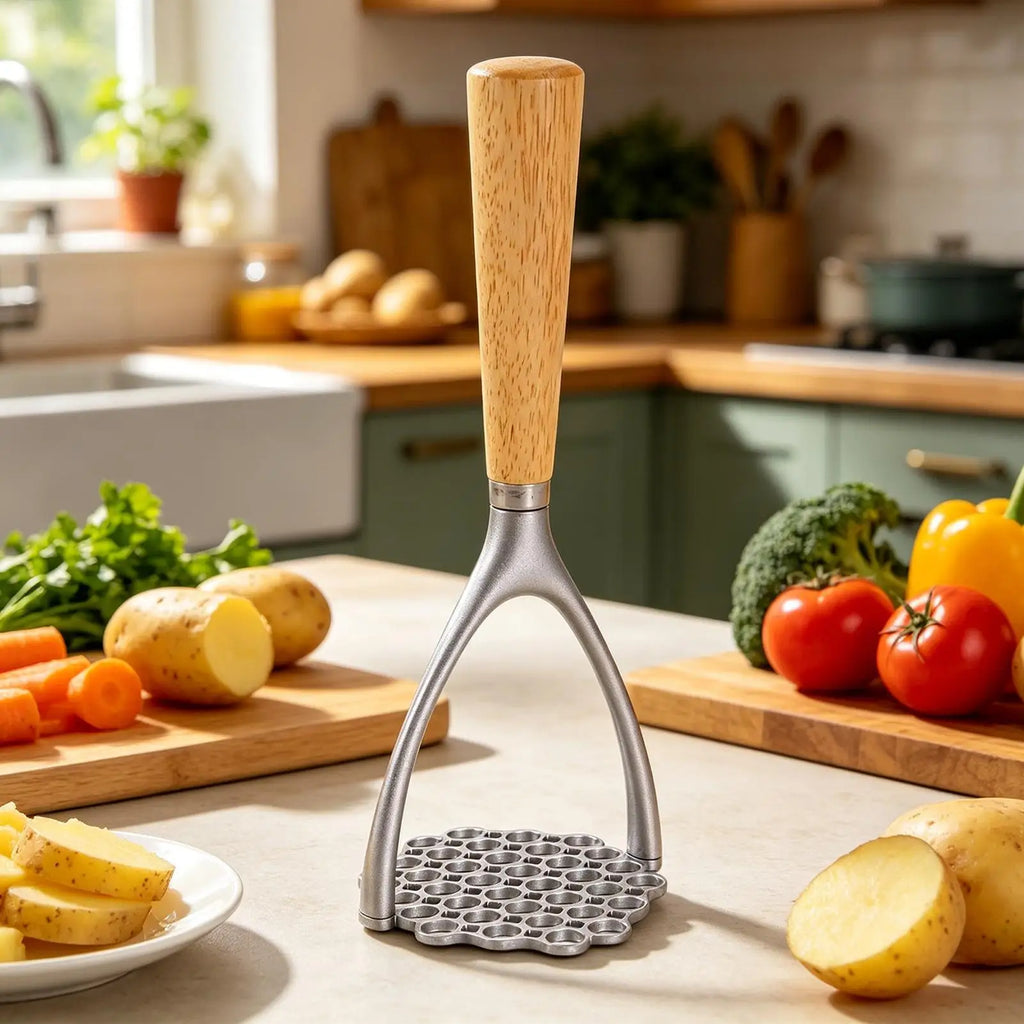 Mashed Potato Masher Double Arc Wooden Handle Kitchen Tool Potato Ricer Food Smasher for Avocado Bananas Carrots Soft Fruits Oasis Select
