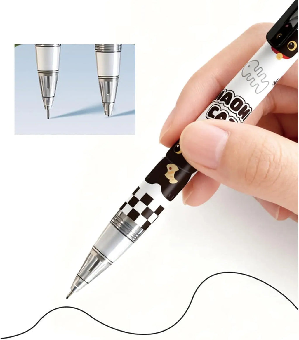 6pc Cute automatic pencil with eraser, 0.5mm lead, featuring a cartoon black cat design, suitable for students, boys, and women. Oasis Select