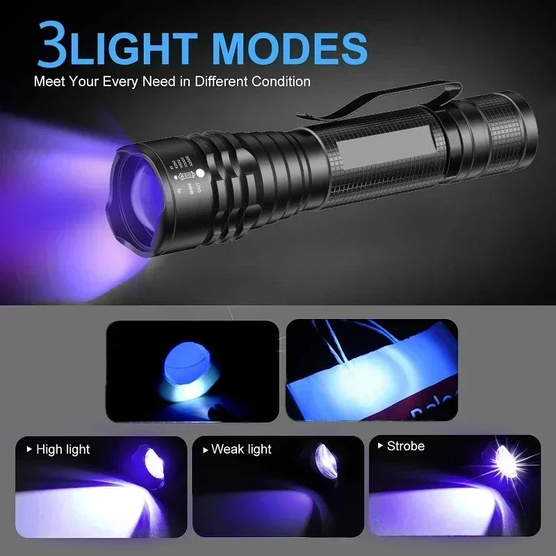 395NM UV Flashlight LED Ultraviolet Torch Zoomable Ultra Violet Lights Inspection Lamp Pet Urine Stain Detector Tools Lantern Oasis Select