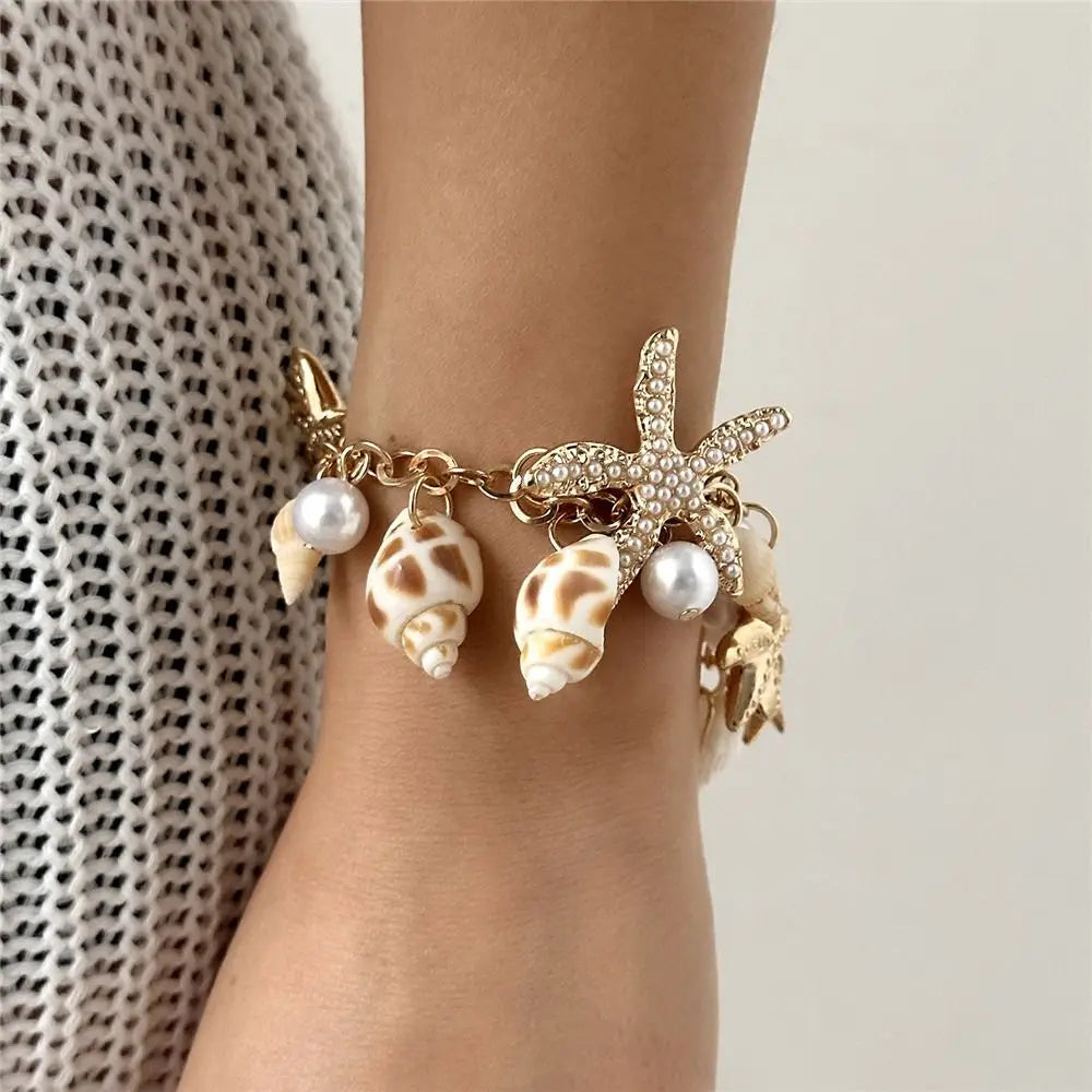 Vacation Bohemian Starfish Necklace Exaggerate Tassel Pendant Waist Chain Pearl Conch Shell Bracelet for Women Oasis Select