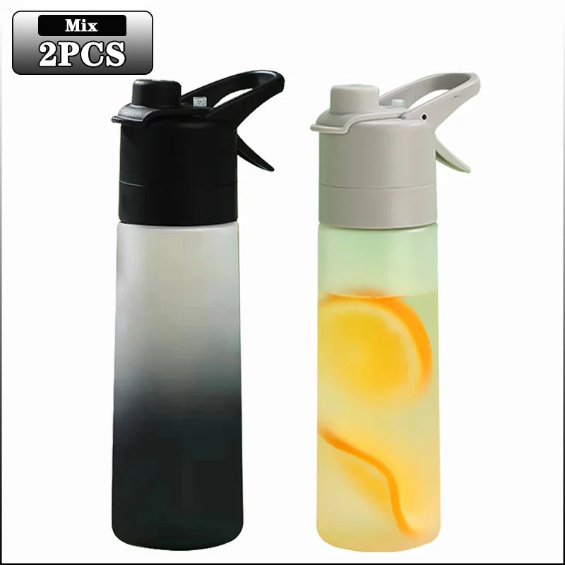 1-4PCS Large Capacity Spray Water Bottle with Straw Gradient Frosted Portable Outdoor Sports Travel Mist Sprayer Reusable Cup Oasis Select 650ML Black-Grey-2PCS