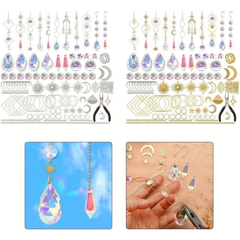 Crystal Suncatcher DIY Kit 200+Pcs Gold Jewelry Making Supplies with Prisms Tools Non-Toxic Boho Decor Gift Sensory Craft Gift Oasis Select
