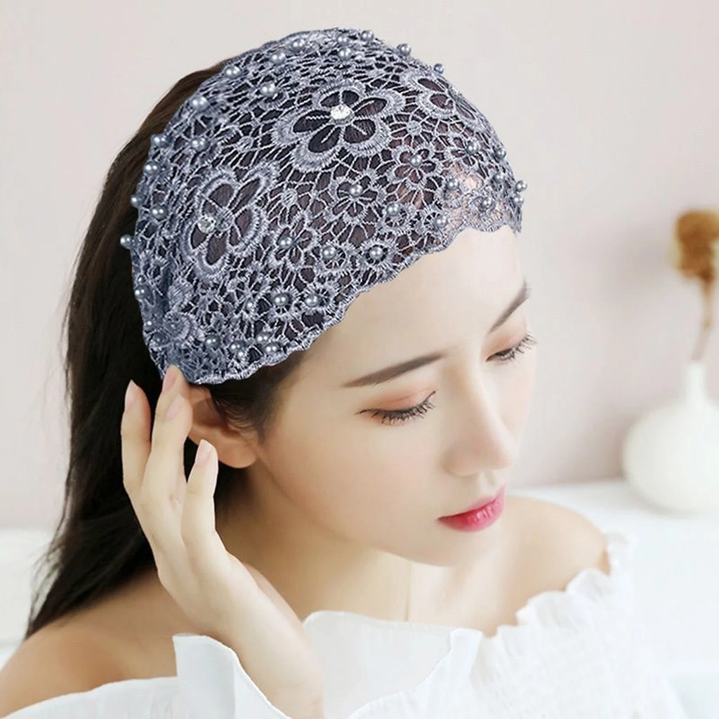 Women's Hollow Floral Rhinestone Pearl Wide Headband | Hair Band Wide Hair Headband Oasis Select Gray One Size