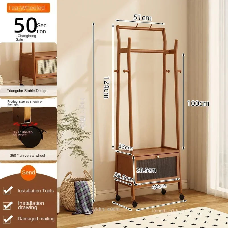 Multi-functional Bedroom coat hanger, floor-standing household mobile wheeled coat rack, retro indoor multi-functional coat rack Oasis Select 50