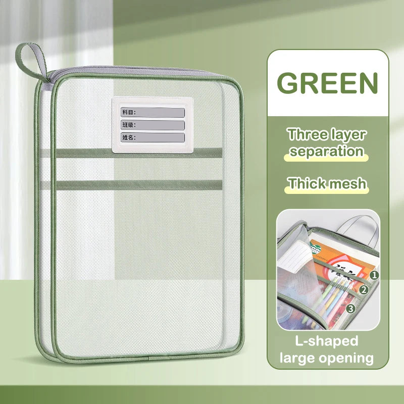 A4 Stationery Storage Bag Double-layer Mesh Zipper Bag Large Capacity Organizer Folders School Office Supplies Stationary Bag Oasis Select 33CM green