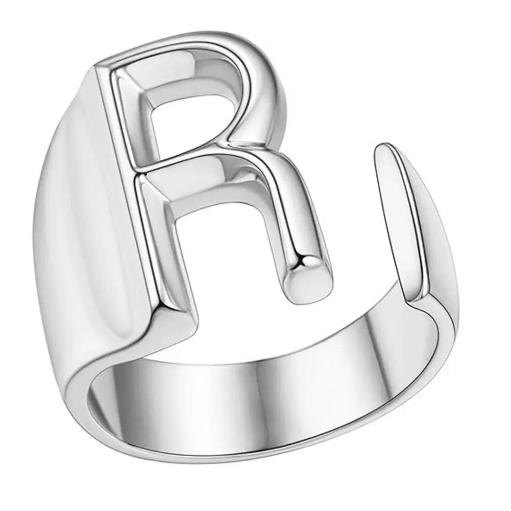 A-Z Initial Letter Ring – Adjustable Silver Open Ring for Women