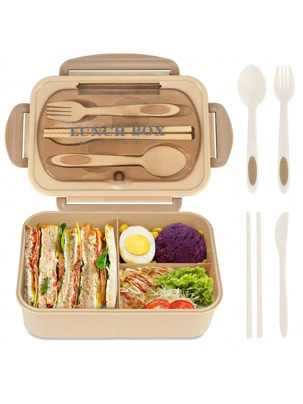 1Pc Bento Box Adult Lunch Box With 4 Compartments,Utensils, Sauce Jar, Muffin Liners, Microwave&Dishwasher Safe, Back To School Oasis Select Brown 1200ml