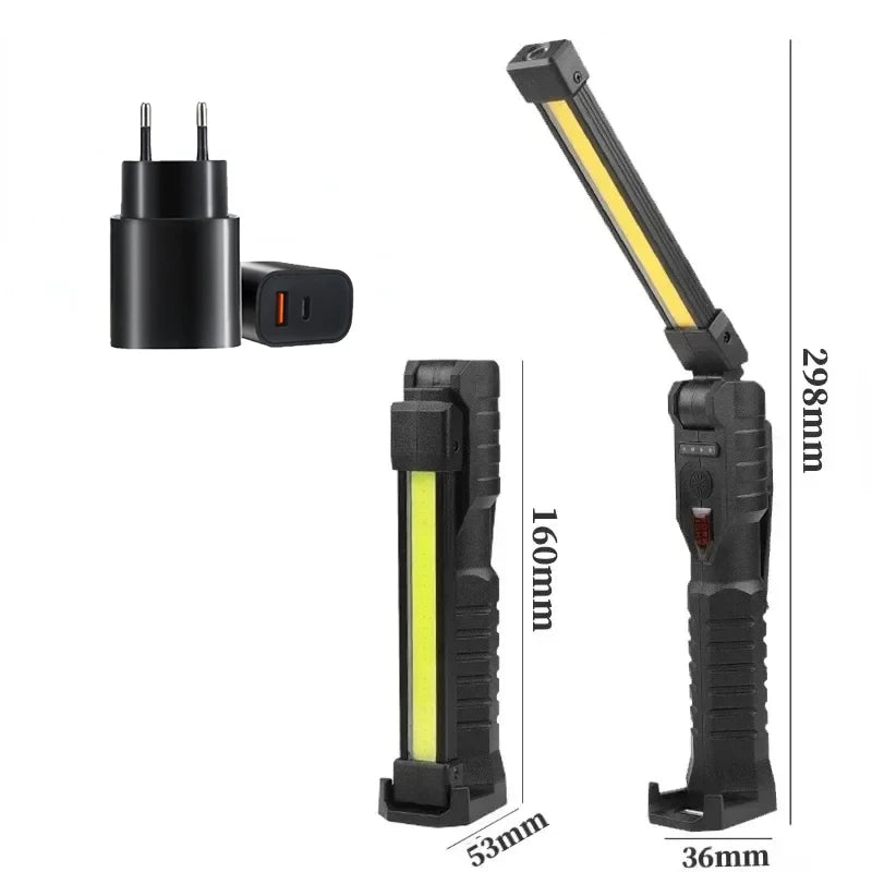 Portable COB High Power LED Flashlight USB Rechargeable Camping Lamp Torch Car Repairing Work Light Hanging Hook Magnet 5 Modes Oasis Select Black with EU Plug Built in battery