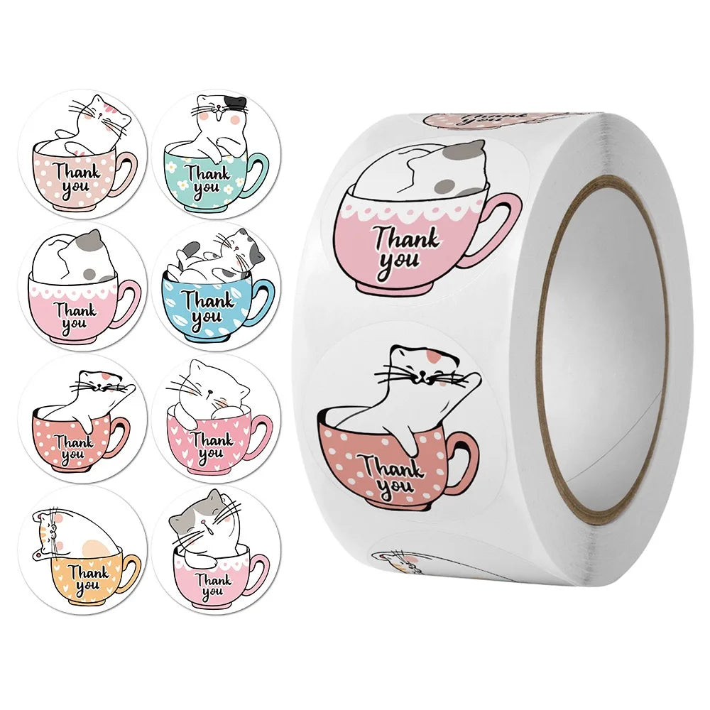 500pcs/1 roll label stickers, cat in a cup coated paper, thank you for ordering shop gift tag stickers Oasis Select MULTI