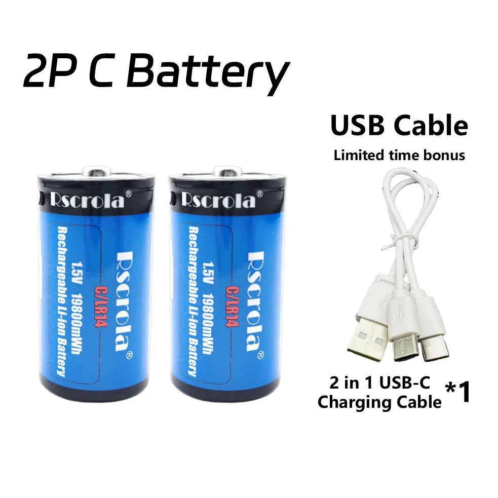 USB-C Rechargeable C Batteries, 19800mWh 1.5V C Batteries, Fast Charging 2 Hours, Replace LR14 Battery for Speakers & Doorbells Oasis Select 2P C Battery
