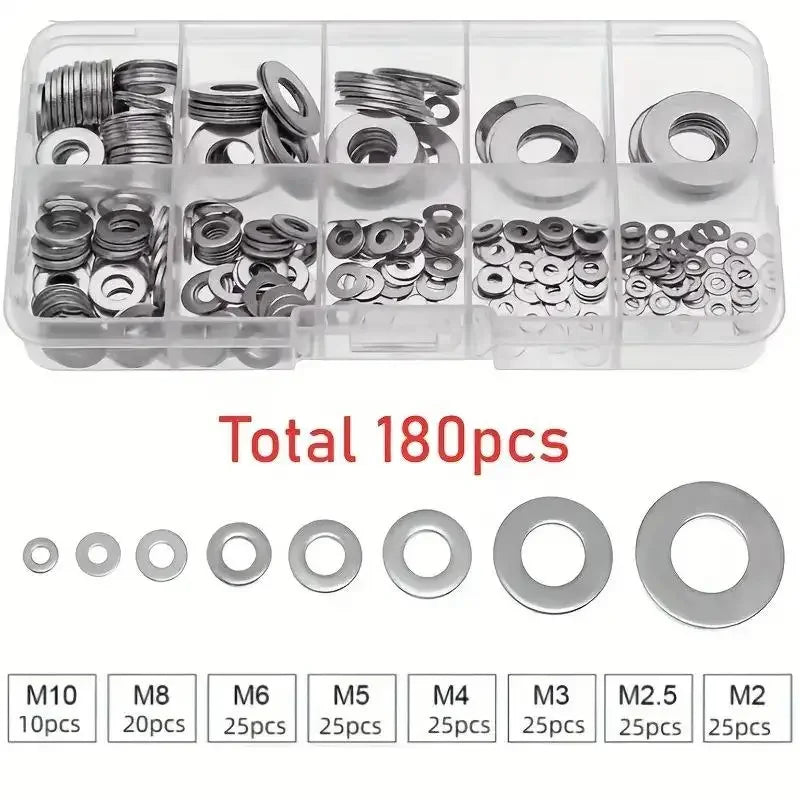 180 Pieces Stainless Steel Flat Washers M2-M10 Various Sizes with Storage Box O-Ring Fasteners Polished Surface Oasis Select