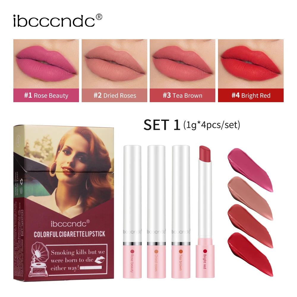 4PCS/Set Matte Long Lasting Waterproof Creative Cigarette Lipstick Set Matt Lip Stick Tube Nude Red Velvet Lip Tint Makeup Oasis Select Set 1
