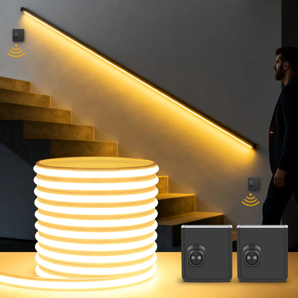 24V Wireless PlR Motion Sensor COB LED Neon Strip NightLight for Bed Bathroom Stair Hallway Lighting 3/5/10m Solid Silicone Tape Oasis Select