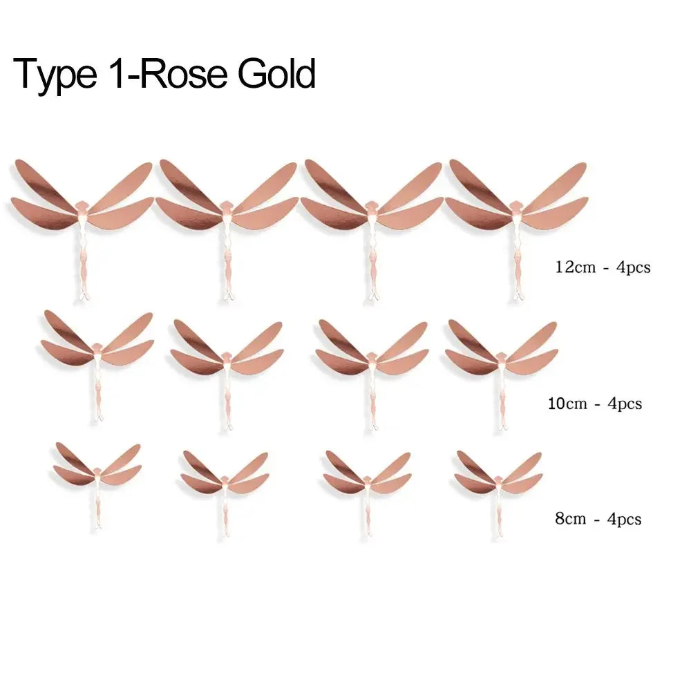 12-Pack 3D Dragonfly Wall Stickers – Gold Silver Rose Gold