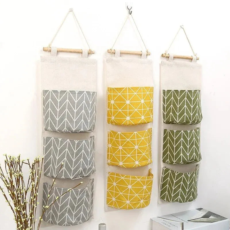 Cotton Linen Wall Hanging Storage Bag – 3-Pocket Organizer Wall Hanging Organizer Oasis Select