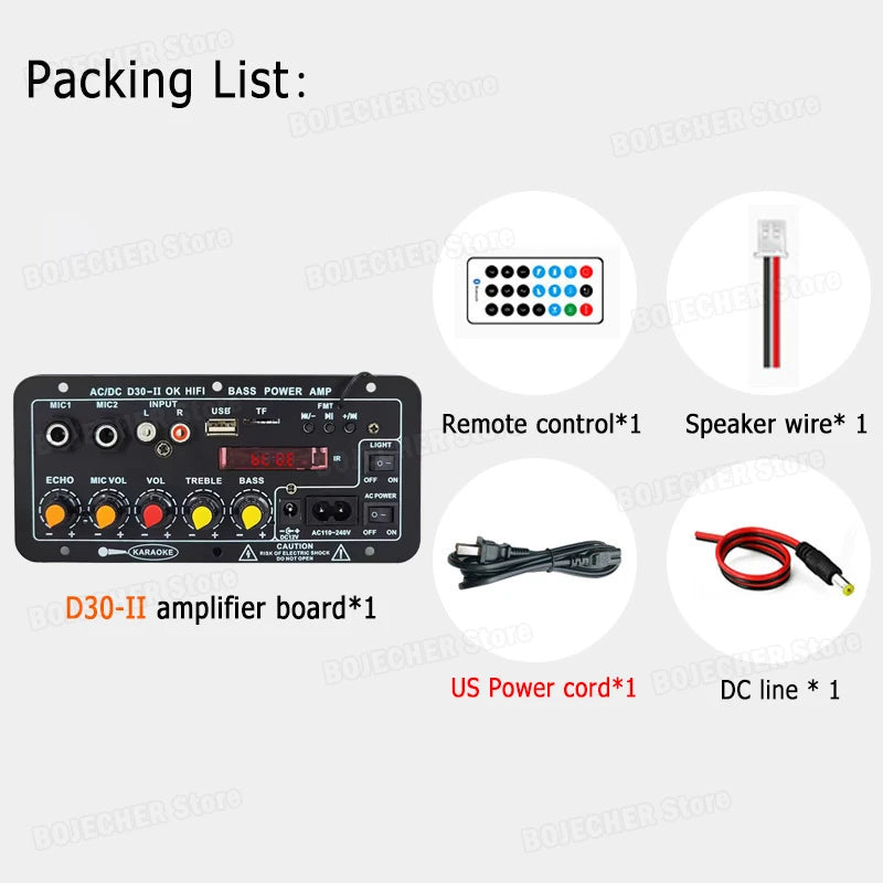 DC 12V Bluetooth 5.0 Digital Audio Amplifier Board Dual Mic AC 110V 220V Subwoofer Karaoke AMP Home Theater Car Speaker 30W 50W Oasis Select D30-II US