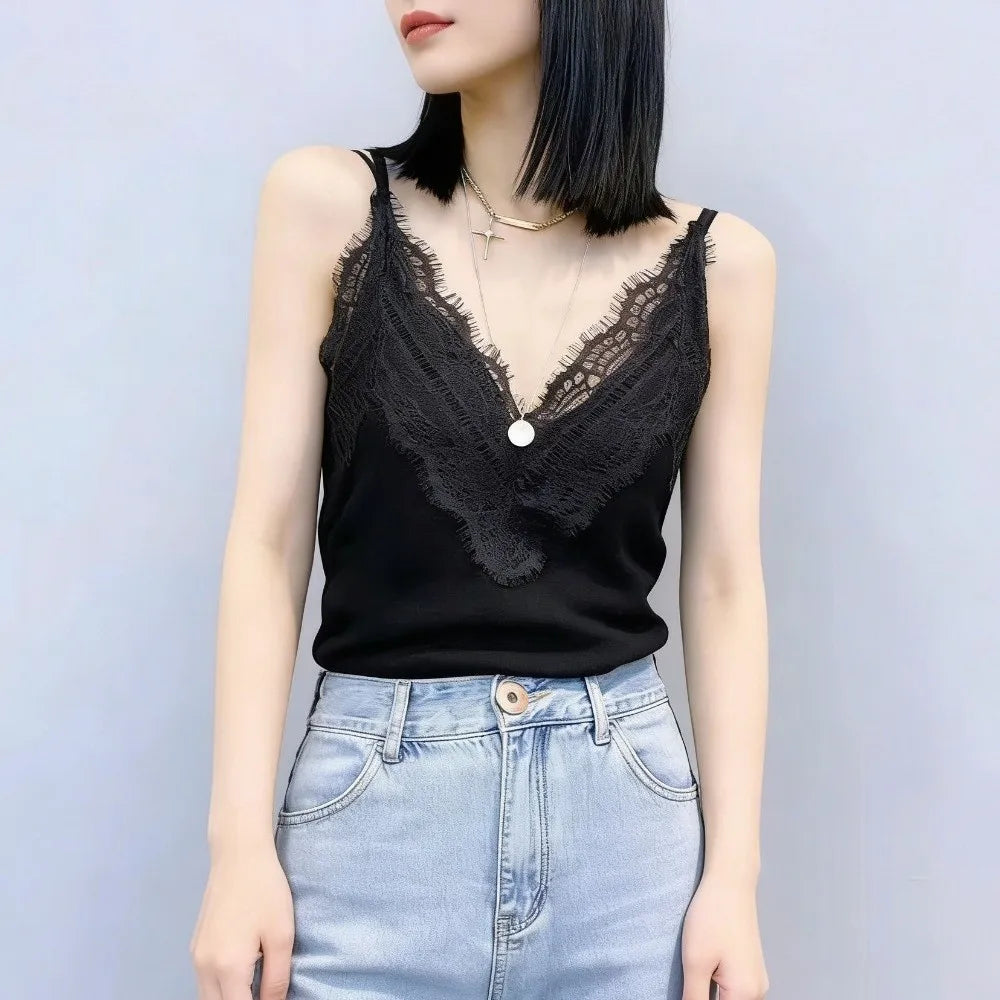 New Summer Lace V-neck Sling Sexy Spice Girls Sleeveless Tank Top Casual Sweet Vest Street Oasis Select