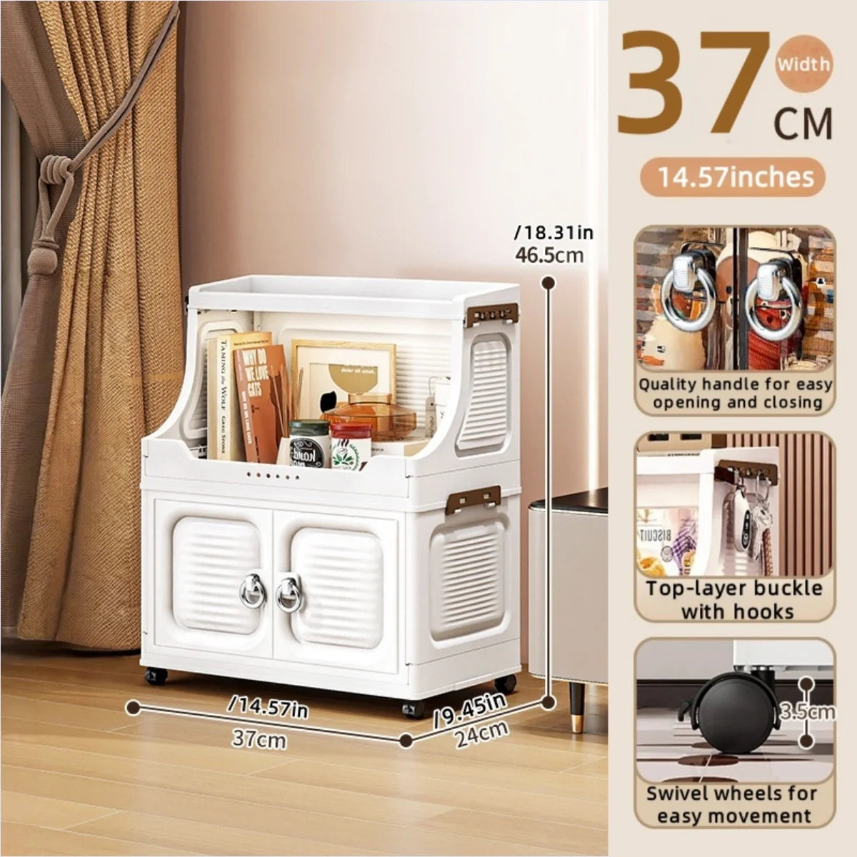 37cm Foldable Double-Door Storage Cabinet-Large Capacity Mobile Organizer with Wheels for Kitchen, Bedroom,Living Room Storage Oasis Select 2 Layers White