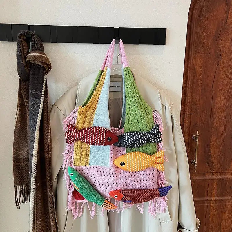 Cute Fish Relaxed Tassel Knitted Bag Splicing Shoulder Bag Little Fish Tote Bag Versatile Casual Commuter Handbag For Girls Gift Oasis Select A6