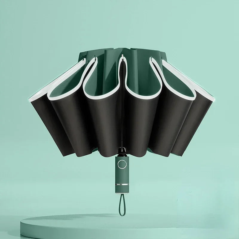 Men Women Umbrella Fully Automatic Reverse Folding Umbrella with Windproof Reflective Stripe UV Umbrellas Oasis Select Dark Green 10K iron