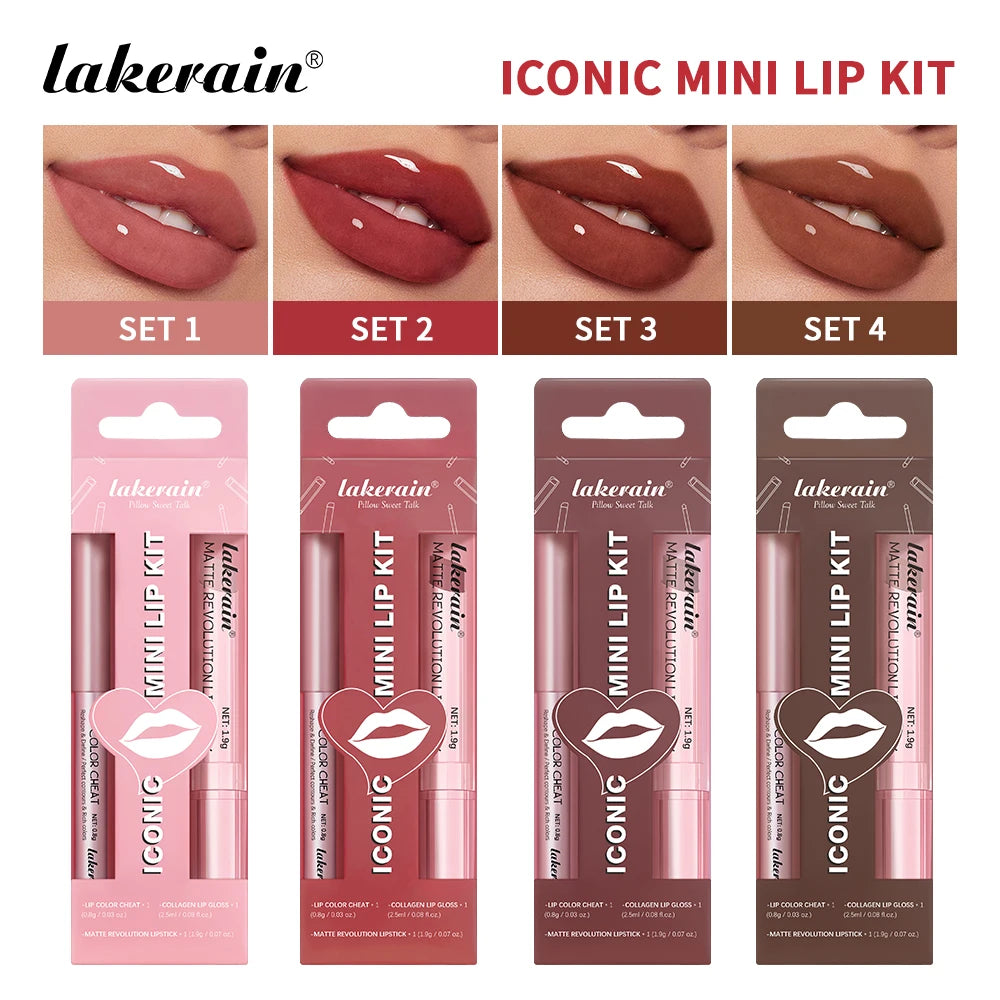 3pcs Lip Makeup Set Lip Liner Lip Gloss Lipstick Mirror Effect Beep Lips High Color Long-lasting Hydrates Travel Mini Set Oasis Select