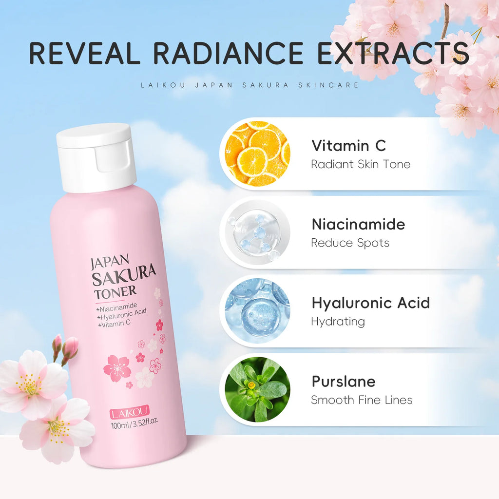 LAIKOU Japan Sakura Toner with Niacinamide Hyaluronic Acid Vitamin C 100ml - Moisturizing Refreshing Gentle Oasis Select