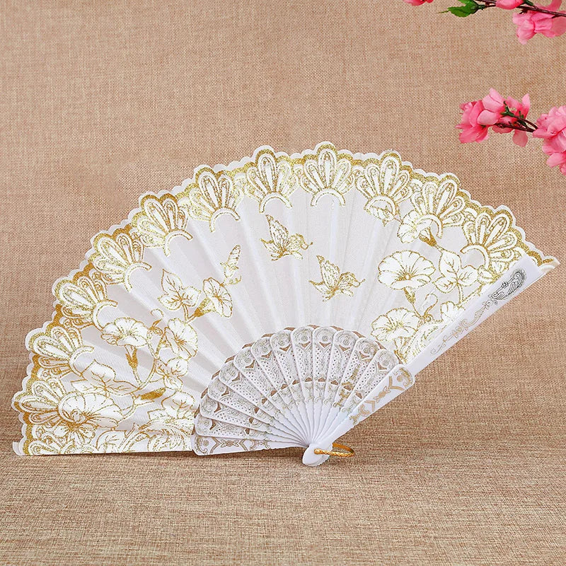 Chinese Style Folding Dance Fans Wedding Party Lace Silk Hand Held Flower Fan Vintage Lace Hand Held Fan Women Girl Photo Prop Oasis Select