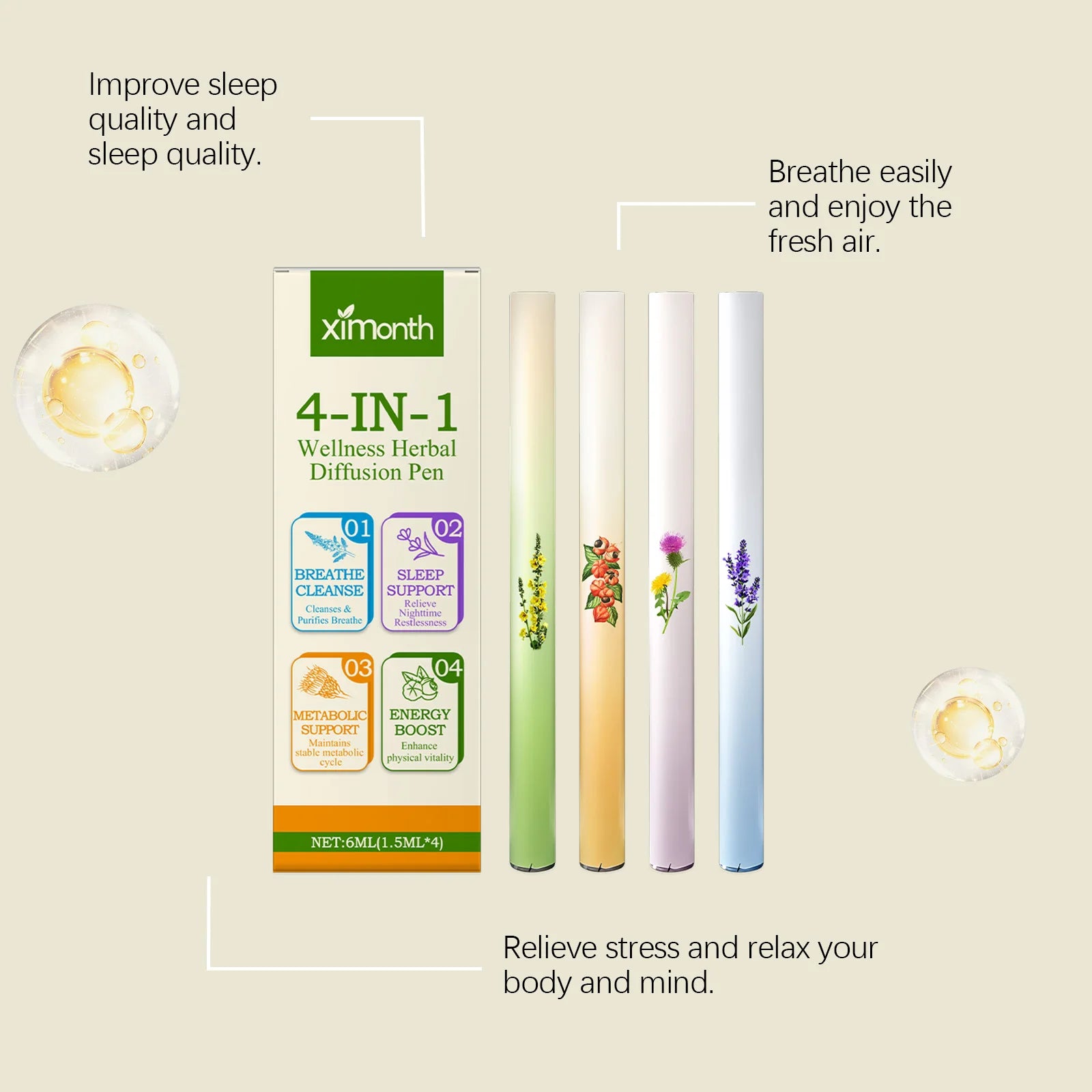 4-IN-1 Air Freshening Pen Relaxation Clear Breathing Good Mind Freshening Fragrance Aromatherapy Diffuser Lung Cleaning Pen Oasis Select