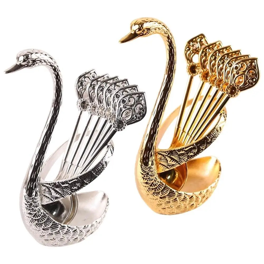 Stainless Steel Creative Dinnerware Set Decorative Swan Base Holder With 6 Spoons For Coffee Tea Cake Dessert Kitchen Supplies Oasis Select