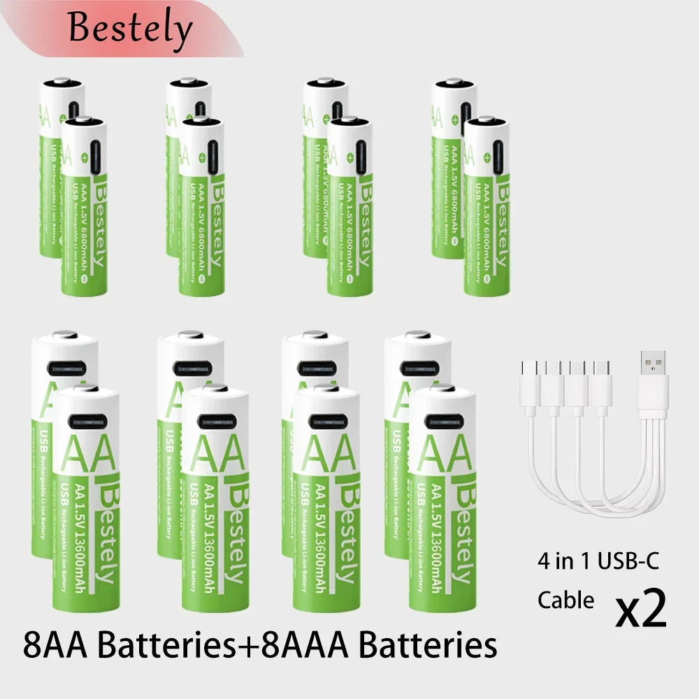 AA AAA 1.5V Li-ion Rechargeable Battery USB-C Charging 13600mAh 6800mAh High Capacity Battery for Flashlight Camera Controller Oasis Select 8AA 8AAA