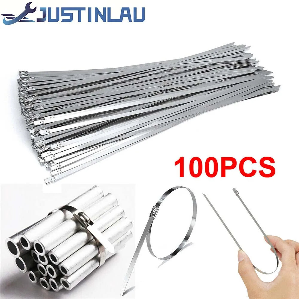 100Pcs 304#Stainless Steel Cable Ties 4.6mm Heavy Duty Self-Locking Cable Zip Tie Multi-Purpose Metal Exhaust Wrap Locking Ties Oasis Select 10cm x100pcs