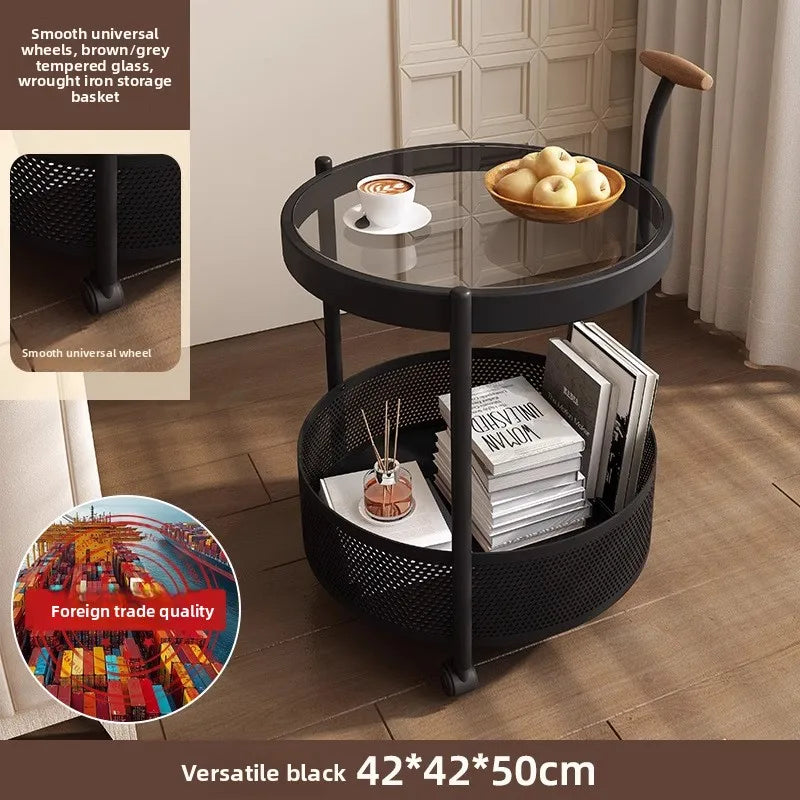 Multi-functional French light luxury movable glass trolley side table living room sofa small coffee table bedroom bedside table Oasis Select SJ-Black-HUI