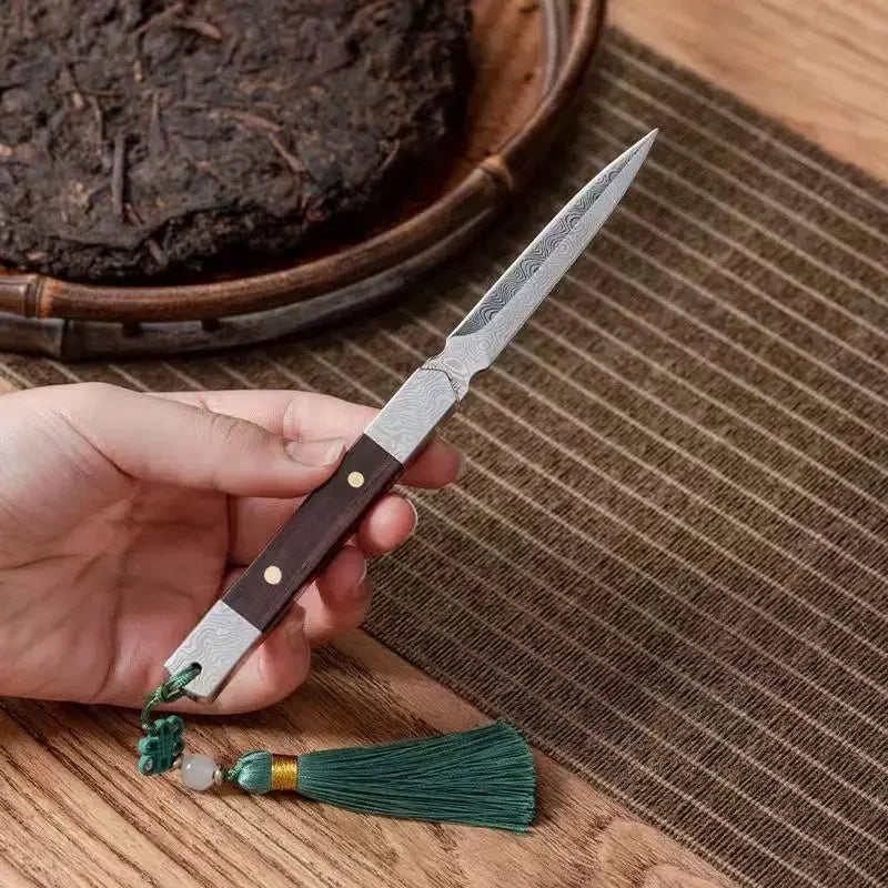 Zen Tea Knife Handmade Needle Black Sandalwood Damascus Pattern Steel Puer Tea Knife Tea Set Accessories Oasis Select