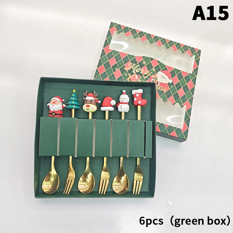 Stainless Steel Christmas Dessert Spoons Cake Forks with Cartoon Christmas Tree Elk Design - Set of 1/2/4/6 - Gift Box Included Oasis Select A15