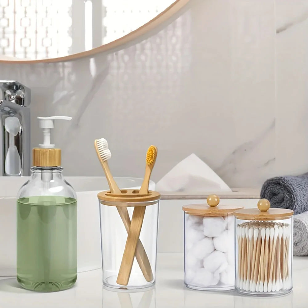 4pcs Bamboo Bathroom Accessories Set - Rustic Boho Decor, Soap Dispenser, Toothbrush Holder, 2 Cotton Swab Holder Jars Oasis Select