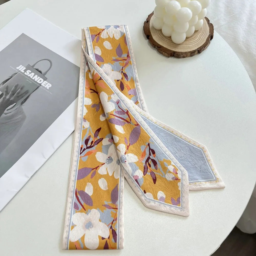 Summer Versatile Satin Silk Ribbon Scarf Fresh Floral Long Thin Bag Strap Narrow Fashion Accessory for Women Oasis Select 12