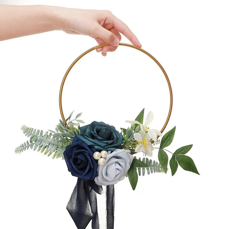 Bridesmaid Gold Hoop Bouquet for Wedding Bridal Shower Ceremony Artificial Rose Flower Hoop Wreath Front Door Wall Decoration Oasis Select A-Blue