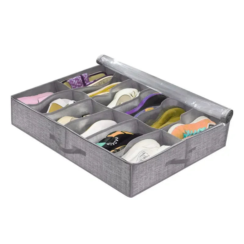 Shoe Storage Organizer Box with Reinforced Handles for Under Bed, Fit 12 Pairs, Collapsible Closet Underbed Shoes Container Bags Oasis Select Grey