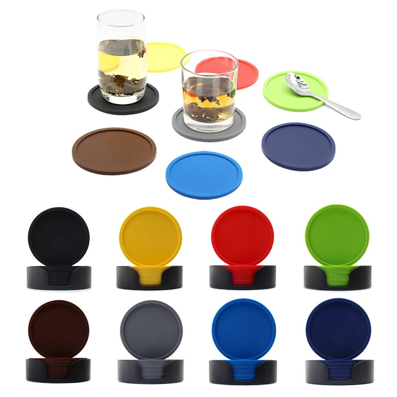 6pcs Non-slip Silicone Drinking Coaster Set Holder Cup Coaster Mat Set Round Coffeee Cup Mat Set Black Tabletop for Home Kitchen Oasis Select