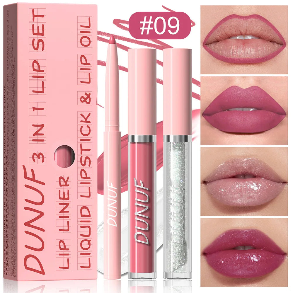DUNUF 3-Pc Matte Lipstick Set – Lip Liner, Gloss & Oil Kit